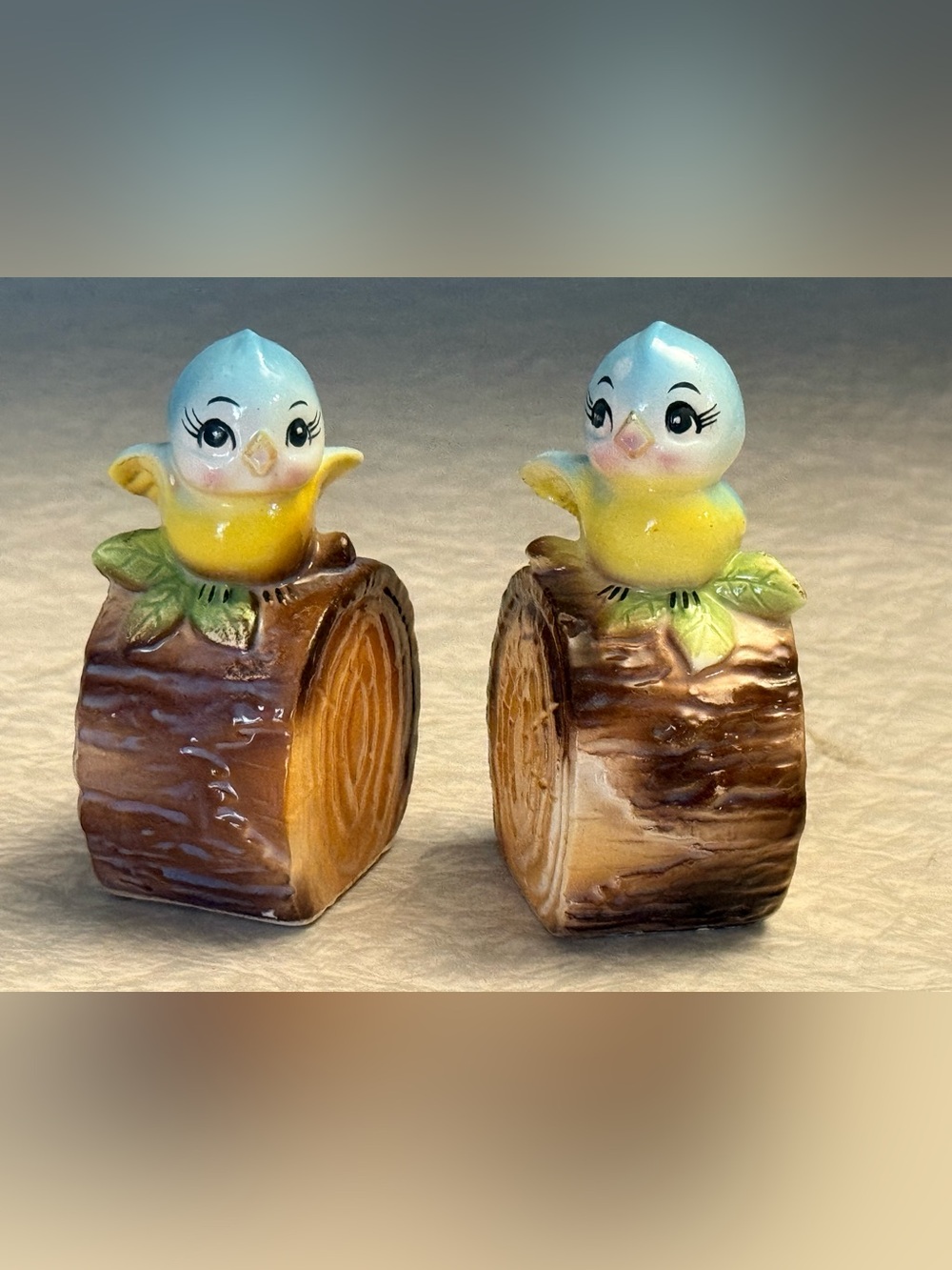 Vintage blue birds on a log salt and pepper set
